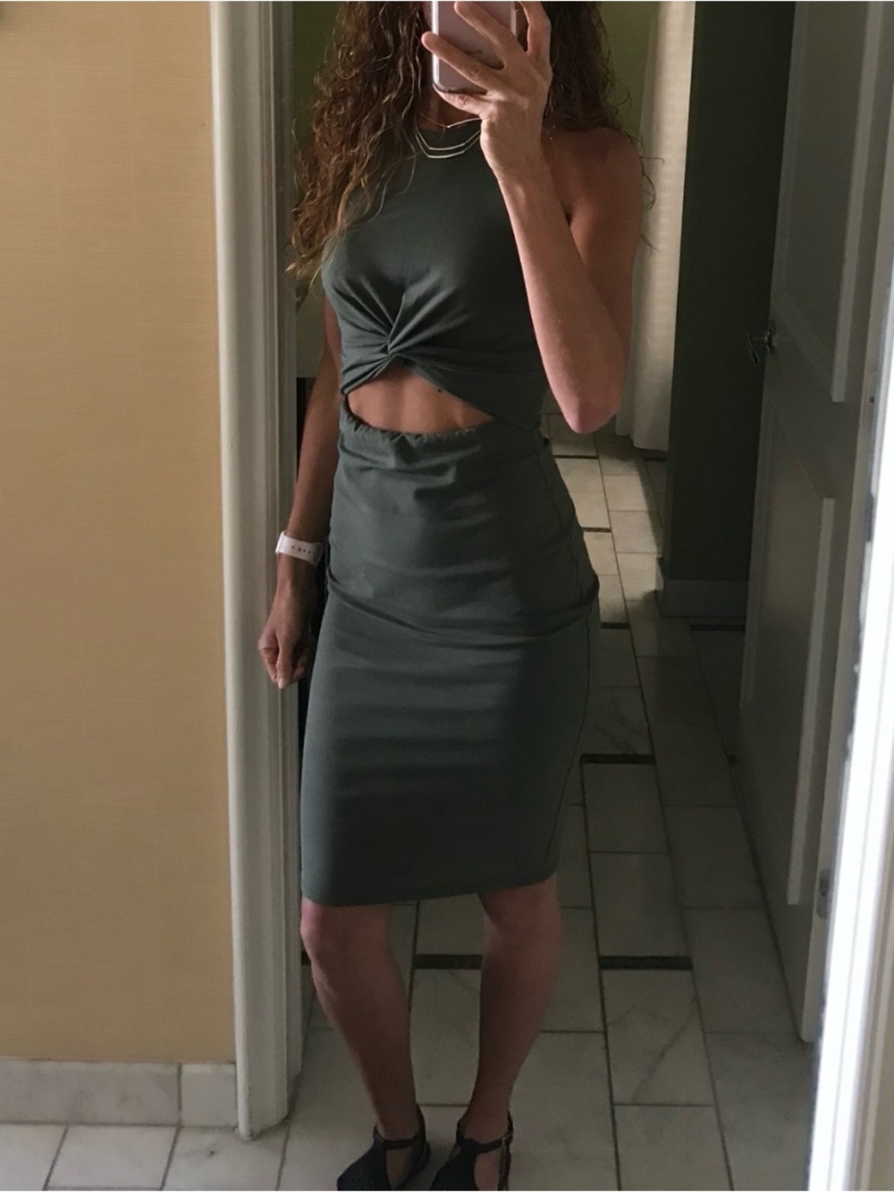 Express Olive Green Midi Dress with Front Knot
